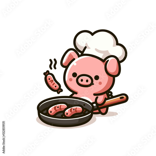 Pig chef cooking sausages in frying pan with white hat. Vector illustration for meat cuisine, pork cooking humor, or breakfast preparation concepts.