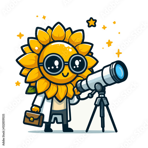 Sunflower astronomer with telescope and briefcase against starry background. Vector illustration for botanical science, celestial observation, or nature exploration concepts.