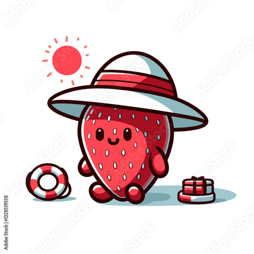 Strawberry lifeguard with sun hat and rescue equipment. Vector illustration for summer safety, fruit-themed beach concepts, or fun water protection themes.