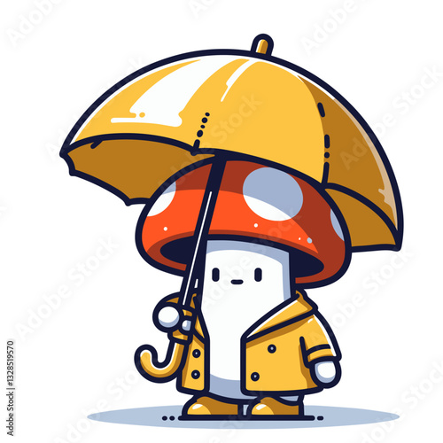 Mushroom character in yellow raincoat with orange umbrella. Vector illustration for rainy day protection, forest weather concepts, or cute fungi in storms.