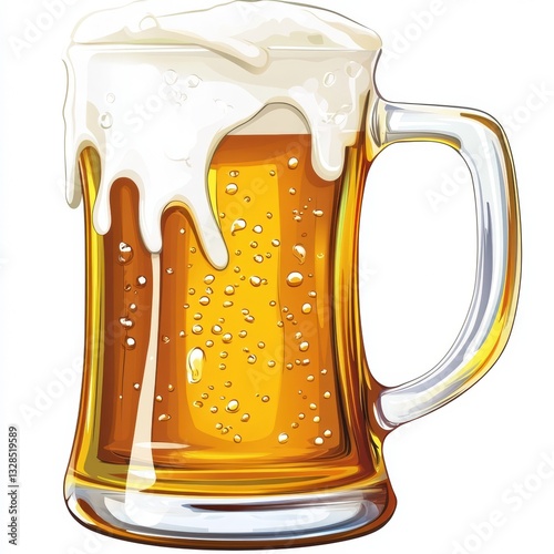 Eye-Level Close-Up of Beer Mug, Foamy Drink, Refreshment, Alcohol, Celebration, Brewery, Pub, Illustration, Beverage, Lager.