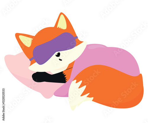 A fox cub wrapped in a blanket sleeps on a pillow with a blindfold on his eyes. Vector illustration.