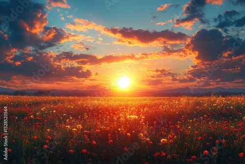 Colorful sunset over a vibrant wildflower field with clouds at dusk in the countryside