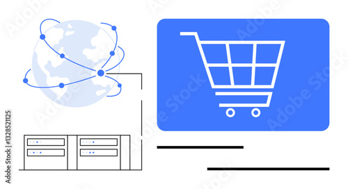 Shopping cart over a blue background, digital servers, and interconnected globe representing online transactions. Ideal for e-commerce, technology, global trade, data management, online marketplaces