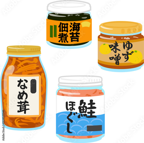 瓶入りの佃煮、なめ茸、柚子味噌、鮭ほぐし