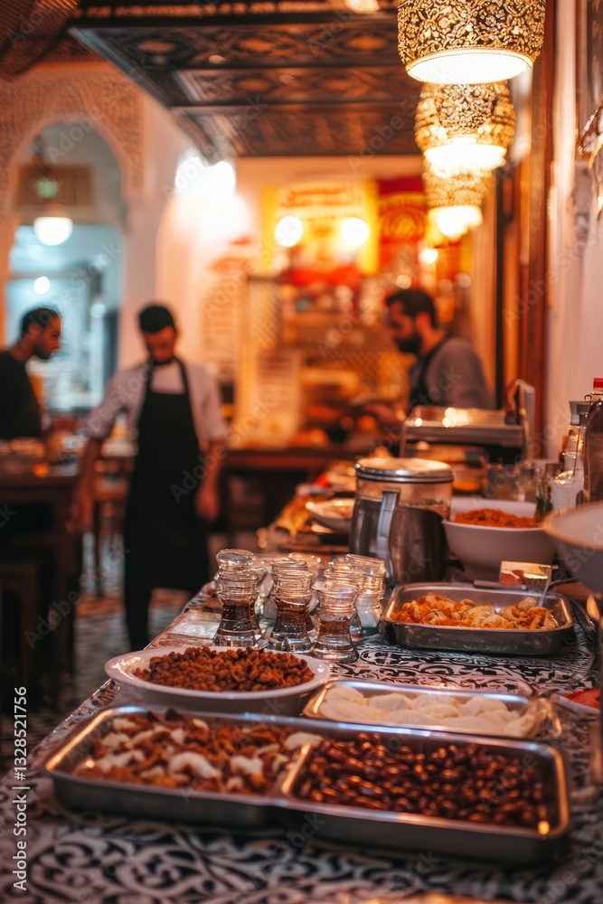 A cozy café setting tables with dates and water for iftar. Staff prepare trays of traditional dishes and sweet desserts. A cozy café setting tables with dates and water for iftar. Staff prepare trays of traditional dishes and sweet desserts.