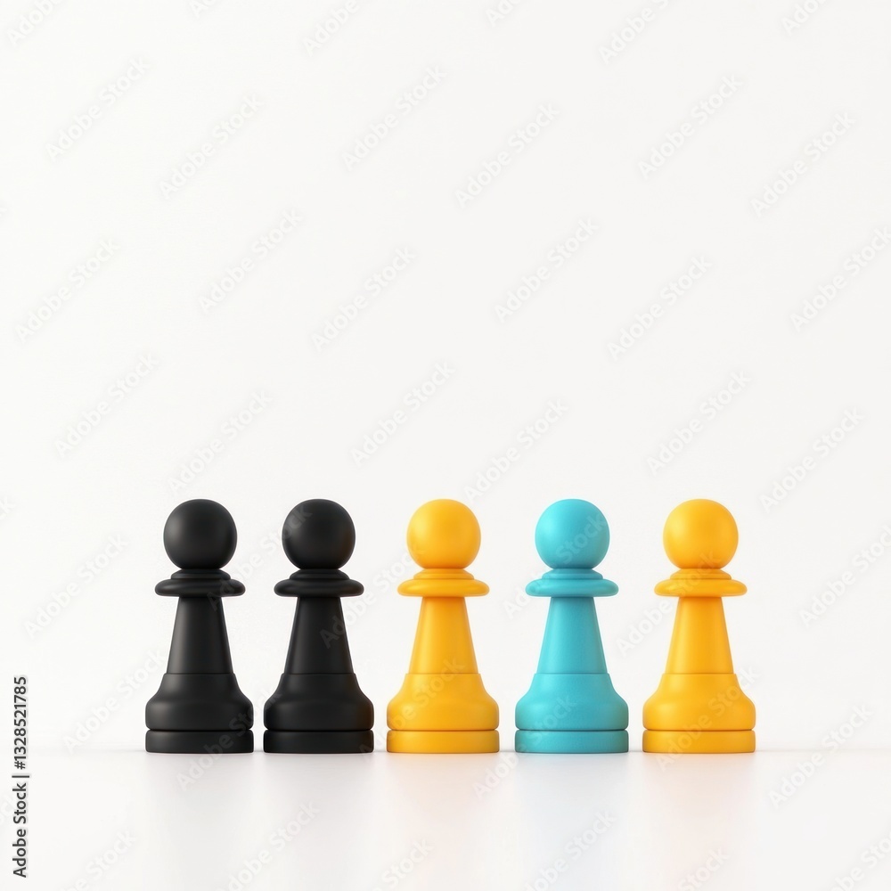 Colorful pawns in a row against white background Business strategy game concept Unique leader stands out Team diversity and success Colorful pawns in a row against white background Business strategy game concept Unique leader stands out Team diversity and success