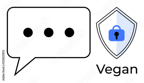 Speech bubble with three dots next to blue lock shield, labeled Vegan. Ideal for communication, security, ethics, digital safety, dietary choices, transparency veganism. Abstract line flat metaphor