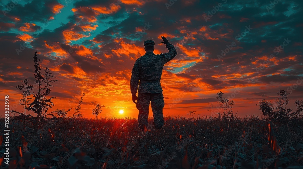 Fototapeta premium Soldier saluting sunset, field, dramatic sky