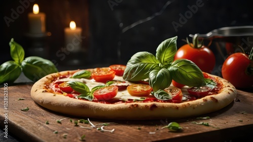 A delicious Italian-style pizza with melted mozzarella cheese stretching as a slice is pulled away. The pizza is topped with fresh basil, cherry tomatoes, and a crispy golden crust. The wooden serving