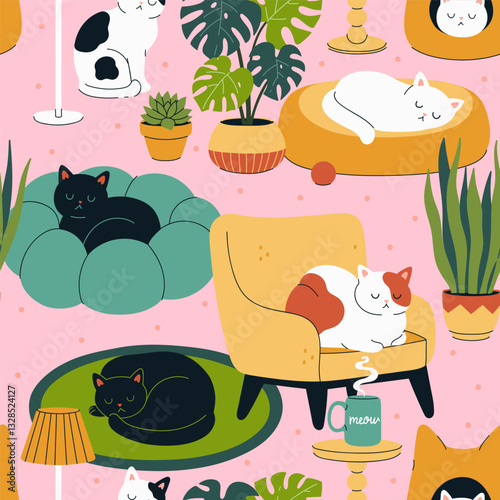 Seamless pattern with cute cats in the interior. Vector graphics