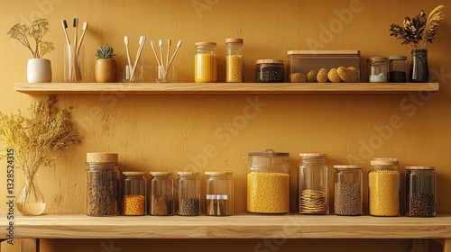 Organized pantry with glass jars, wooden shelf, and dried flowers.
