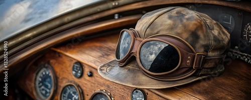 Aviator Hat and Goggles Resting on Wooden Aircraft Cockpit Panel