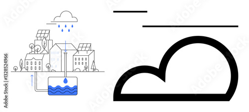 Rainwater collection system feeding underground storage, surrounded by eco-friendly buildings with solar panels and trees. Ideal for sustainability, urban planning, conservation, technology