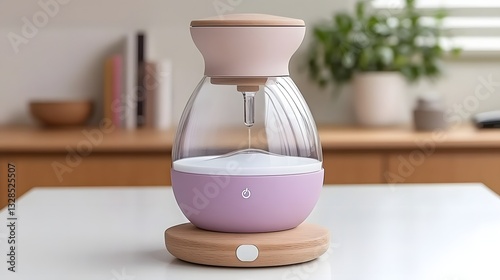 Pink and clear water device dispensing liquid on a white table