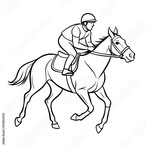 Jockey riding a galloping horse on a track with focused expression on white background
