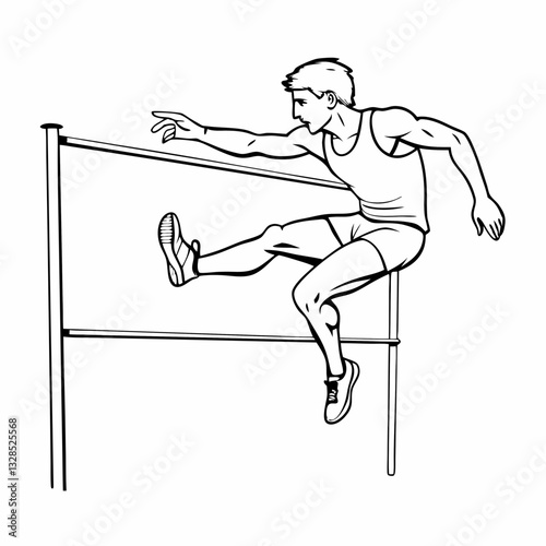 High jumper clearing the bar in mid-air with focused expression on white background