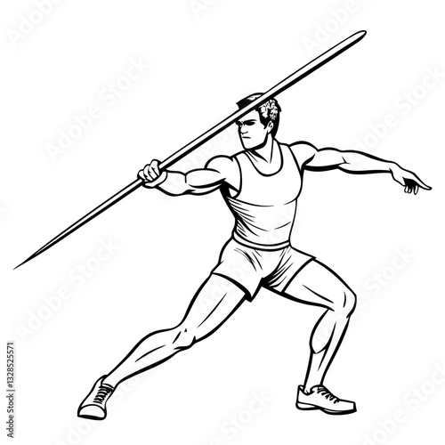 Javelin thrower in position ready to launch spear on white background