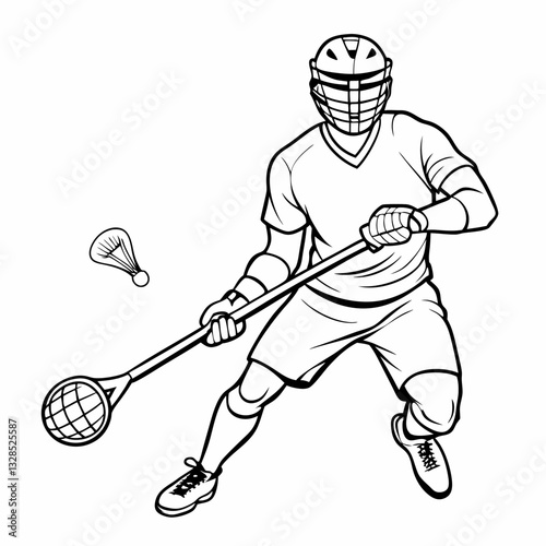 Lacrosse player in action preparing to catch the ball with stick on white background