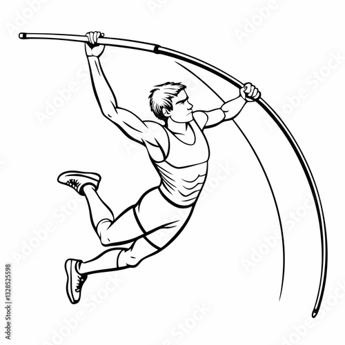 Pole vaulter in mid-air clearing bar with pole on white background