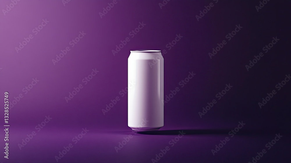 A sleek, white beverage can floats against a deep purple background, bringing a luxurious feel to a modern minimalistic design. A sleek, white beverage can floats against a deep purple background, bringing a luxurious feel to a modern minimalistic design.