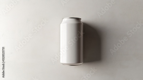 A sleek, white beverage can floats against a light gray background, emphasizing a clean, modern, and minimalistic aesthetic.