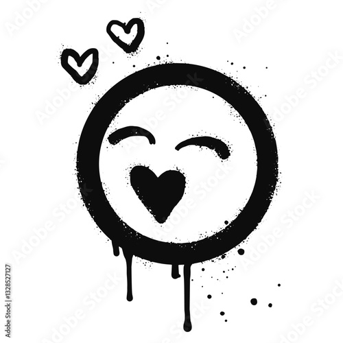 Smiling face emoticon character. Spray painted graffiti smile face with love in black over white. isolated on white background. vector illustration