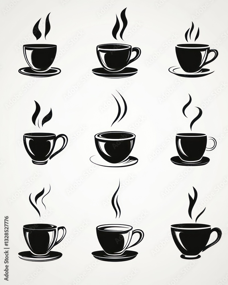 Nine monochrome coffee cup illustrations, steaming, various shapes and styles, suitable for menus, websites, or branding. Nine monochrome coffee cup illustrations, steaming, various shapes and styles, suitable for menus, websites, or branding.