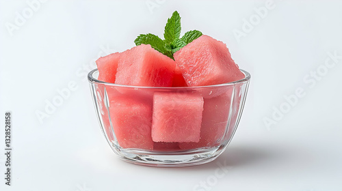 Fresh Watermelon Cubes in Clear Glass Bowl with Mint Leaf Garnish
