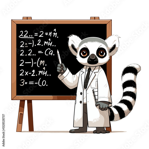 Lemur professor in lab coat teaching mathematics on blackboard. Vector illustration for educational concepts, animal academics, or scientific learning themes.