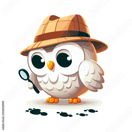 Detective owl in beige hat examining footprints with magnifying glass. Vector illustration for wildlife investigation, nature mysteries, or bird sleuth character concepts.