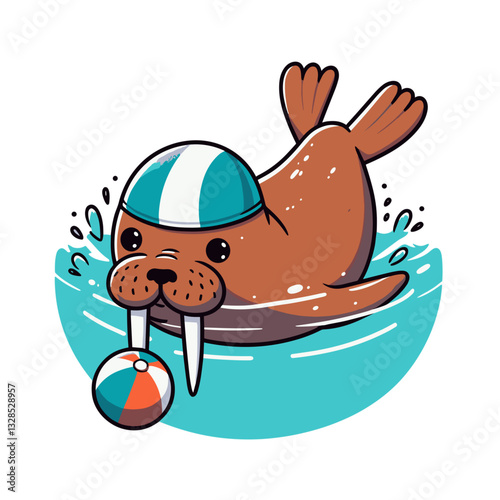 Athletic walrus with swimming cap and ball in water. Vector illustration for marine sports, aquatic training, or swimming animal character concepts.