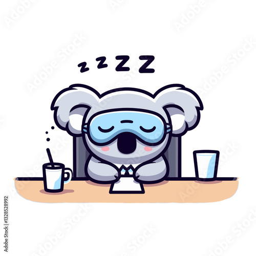 Sleepy koala with sleep mask resting on counter with drink. Vector illustration for relaxation concepts, tired animal characters, or cute drowsy marsupial themes.