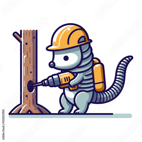 Raccoon electrician with hard hat and tool belt fixing power pole. Vector illustration for animal workers, wildlife maintenance, or cute repair service concepts.