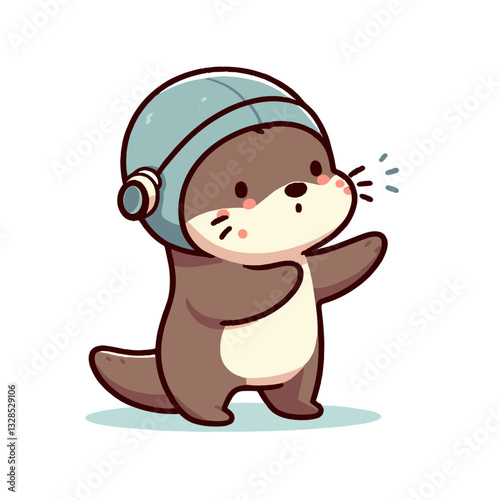 Otter musician with headphones dancing in blue cap. Vector illustration for aquatic entertainment, animal music lovers, or cute wildlife performer concepts.