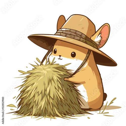 Mouse farmer with straw hat gathering hay bundle. Vector illustration for small-scale agriculture, rodent harvesting, or tiny animal farmer concepts.
