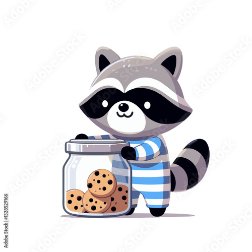 Raccoon thief with striped shirt stealing cookie jar. Vector illustration for mischievous characters, sneaky animal bandits, or cute troublemaker concepts.