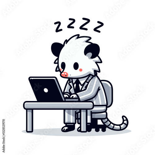 Opossum in suit sleeping at laptop with lazy expression and Z's. Vector illustration for work exhaustion, tired employee, or cute animal burnout concepts.