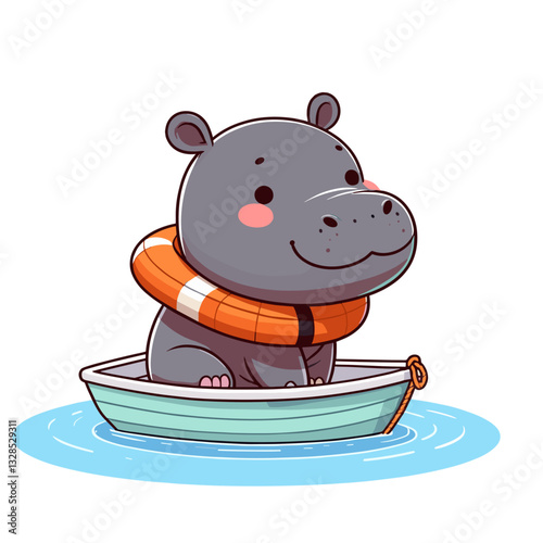 Hippo sailor in orange life vest on small boat in water. Vector illustration for aquatic adventures, heavy animal navigation, or cute wildlife water travel.