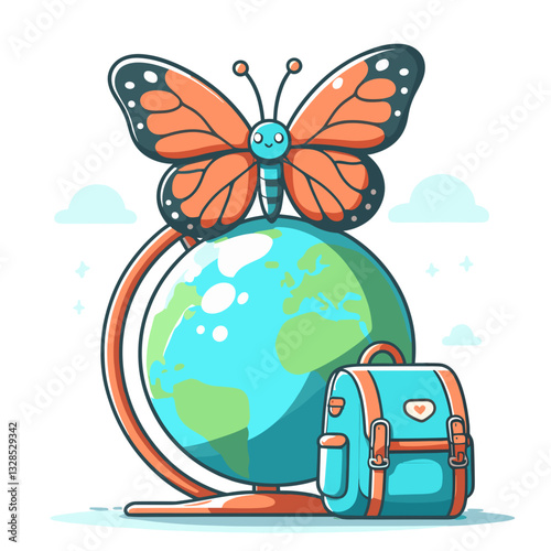 Butterfly explorer on globe with backpack and travel accessories. Vector illustration for insect migration, worldwide nature journeys, or tiny traveler concepts.