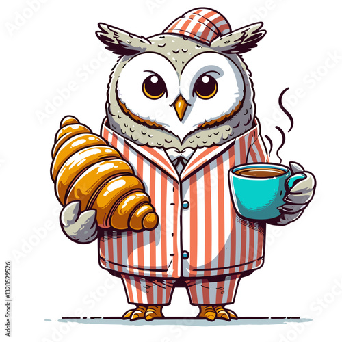 Sleepy owl in striped pajamas holding coffee and croissant. Vector illustration for morning routines, breakfast birds, or cozy wildlife wake-up concepts.