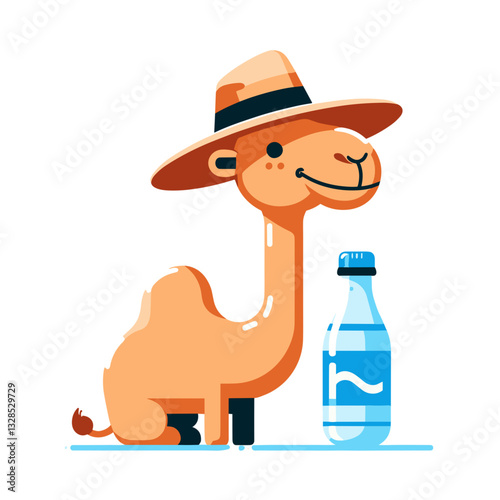 Camel with explorer hat and water bottle in desert setting. Vector illustration for desert travelers, thirsty animal journeys, or hot weather expeditions.