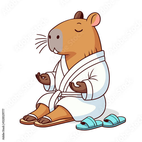 Capybara in white bathrobe with morning coffee and slippers. Vector illustration for animal spa days, relaxing rodent lifestyles, or cute morning routines.