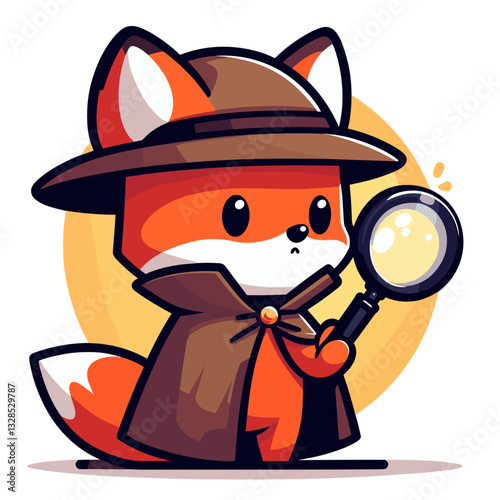Cartoon fox detective with magnifying glass in vintage outfit. Perfect for mystery children's books and educational content.