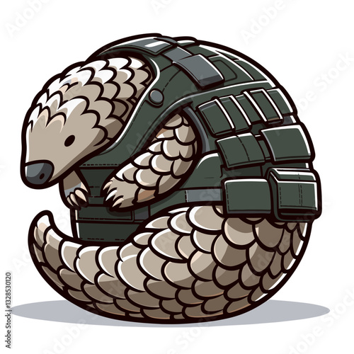 Armored pangolin curled in defensive ball. Vector illustration for wildlife protection, endangered species, and natural defense mechanisms.