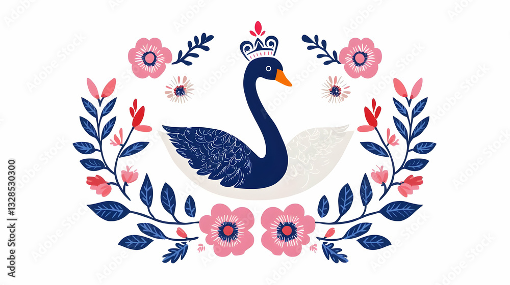 Obraz premium Elegant Swan Surrounded by Floral Elements and Decorative Accents