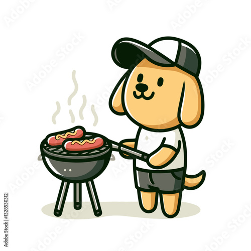 Dog grilling sausages at barbecue wearing cap. Vector illustration perfect for summer cookout events and outdoor cooking themes.