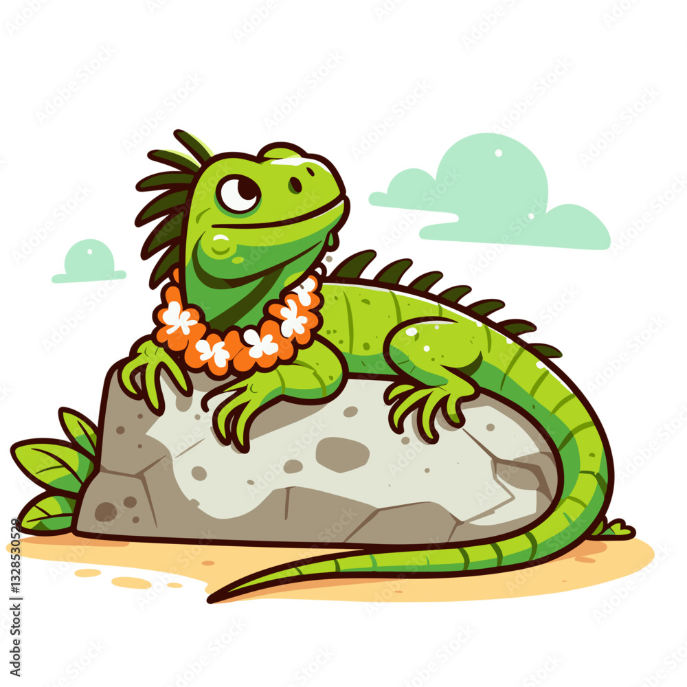 Naklejka premium Iguana relaxing on rock wearing tropical flower lei. Vector illustration perfect for vacation themes and exotic reptile character design.