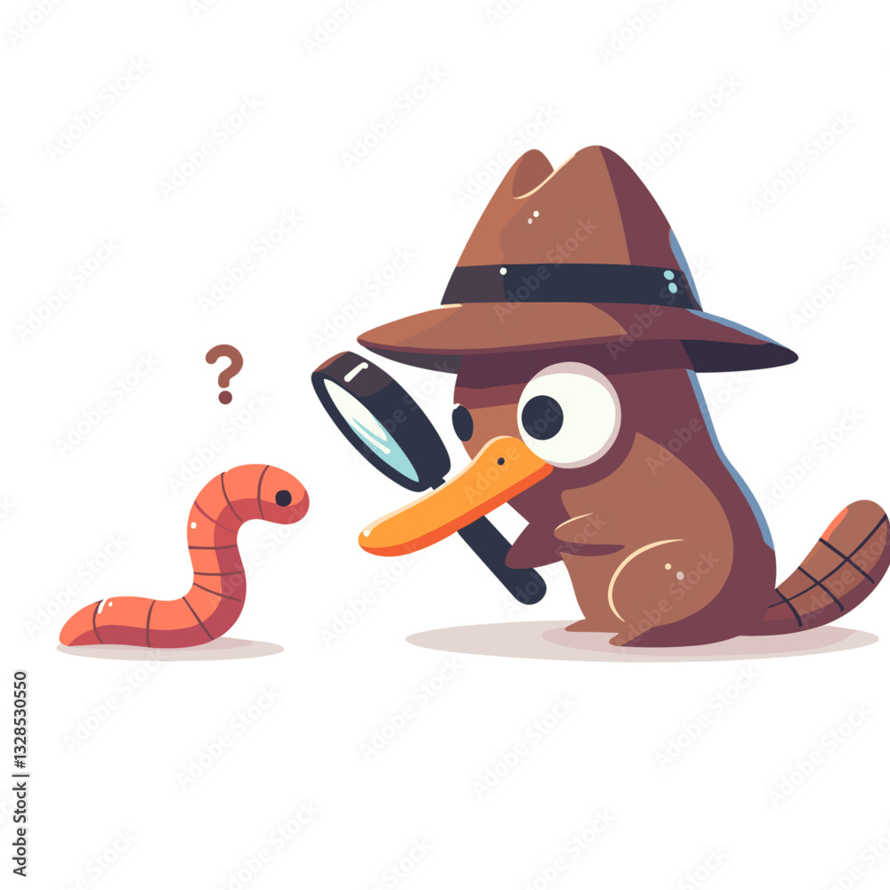 Platypus detective questioning earthworm with magnifying glass. Vector illustration perfect for mystery stories and wildlife investigation themes. Platypus detective questioning earthworm with magnifying glass. Vector illustration perfect for mystery stories and wildlife investigation themes.