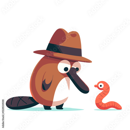 Platypus detective investigating with earthworm witness. Vector illustration perfect for mystery solving and wildlife crime stories for children.